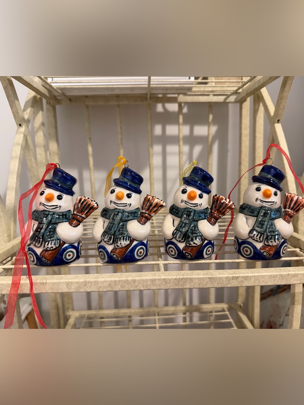 Polish Pottery Vena Hand-Painted Blue 4 Snowman Ornaments / signed